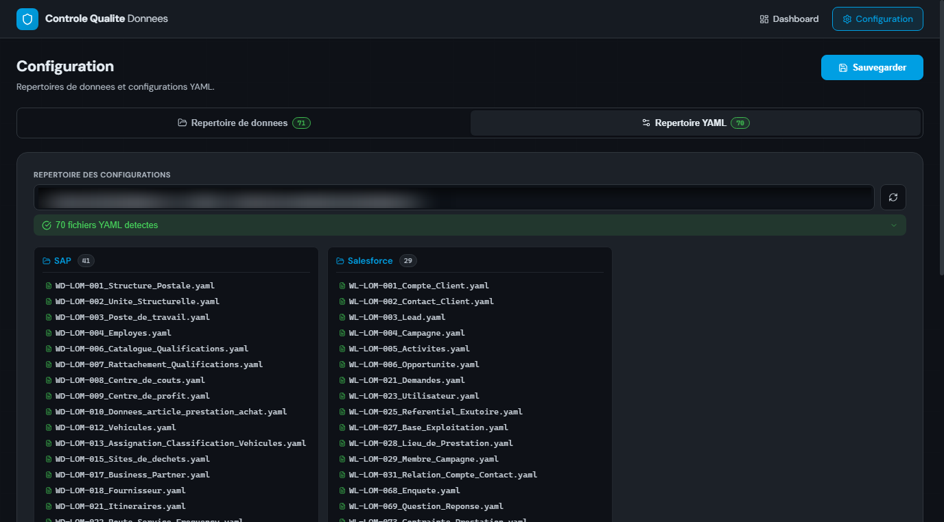 Page Configuration de dqcheck, onglet Répertoire YAML : 70 fichiers YAML détectés, répartis entre SAP (41 objets) et Salesforce (29 objets), avec la liste des objets.